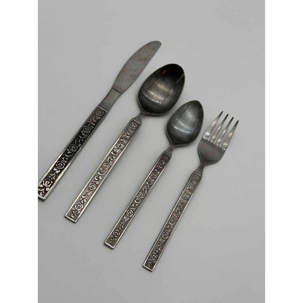 National Stainless Japan Rose Floral Flatware Set 4pc Vintage Silverware MCM